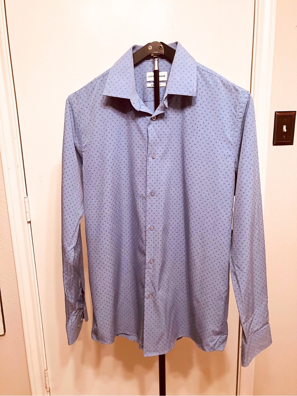 Lucky Brand Men's 4-Way Stretch Dress Shirt Blue Micro Print Geometric Medium